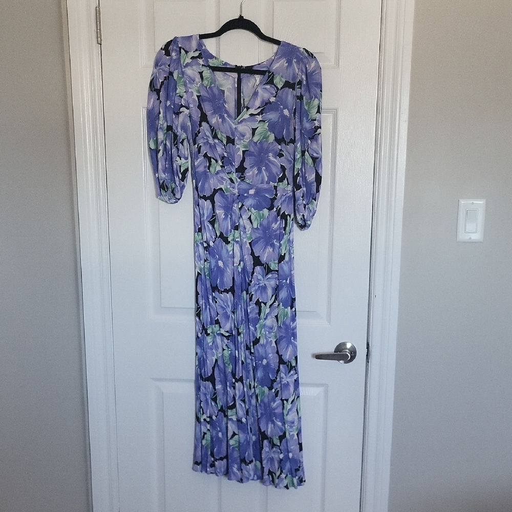 Mango Purple Floral V-Neck 3/4 Sleeve Dress